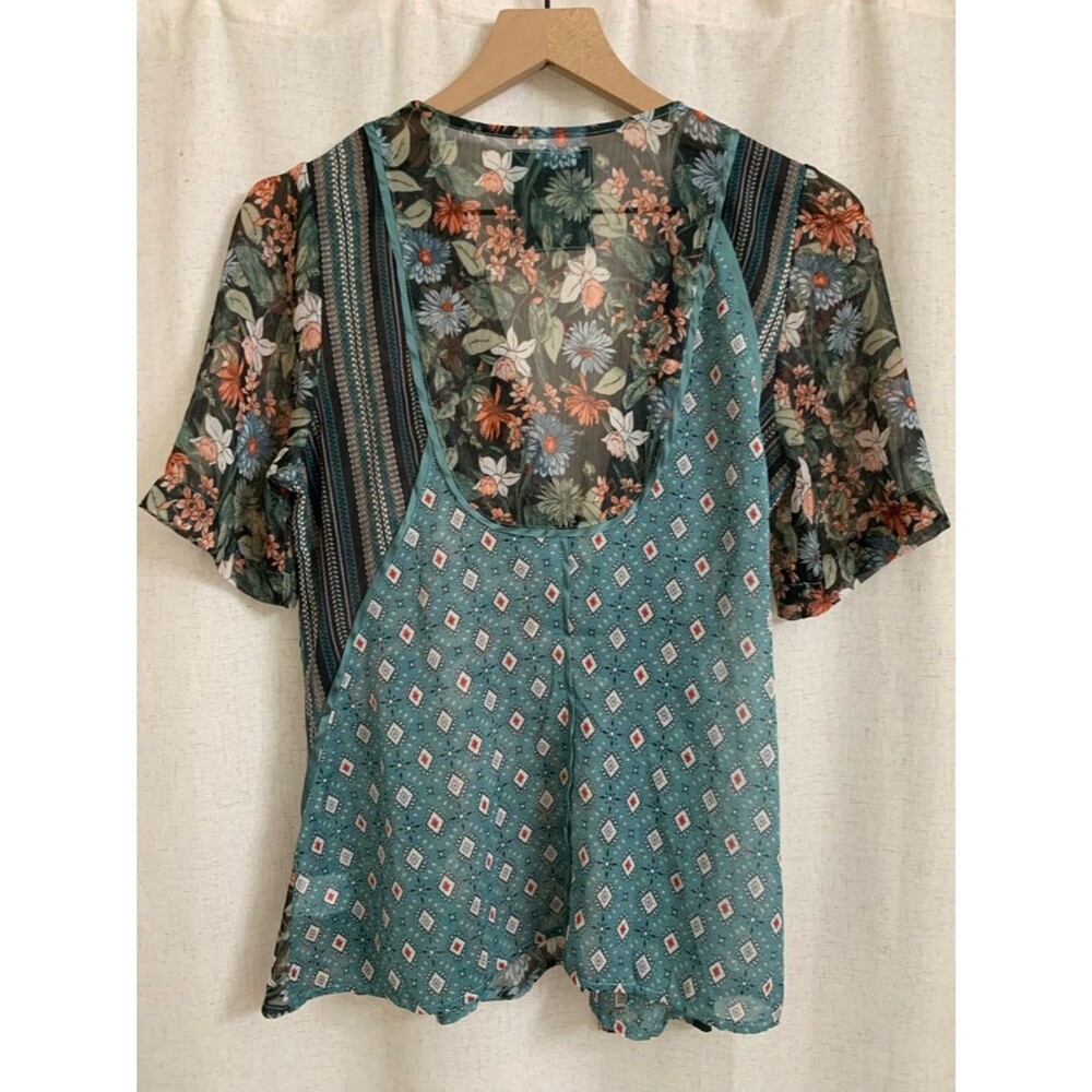 Anthropology Tiny Lovely Floral Patchwork Teal Short Sleeve Wrap Top Small Sheer - Picture 5 of 9